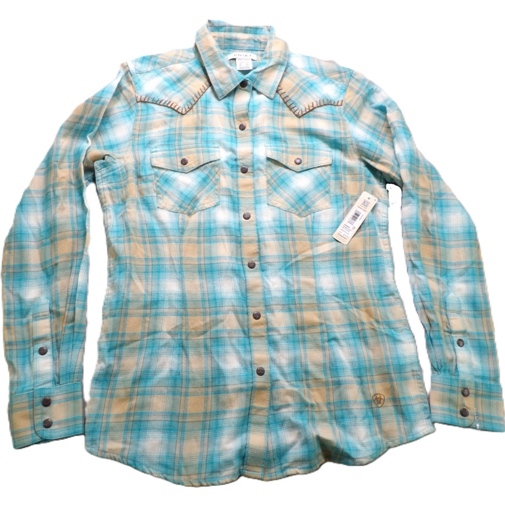 NWT Ariat Women XS Roping Plaid Breeze Blue Snap Shirt Western Long Sleeve Rodeo